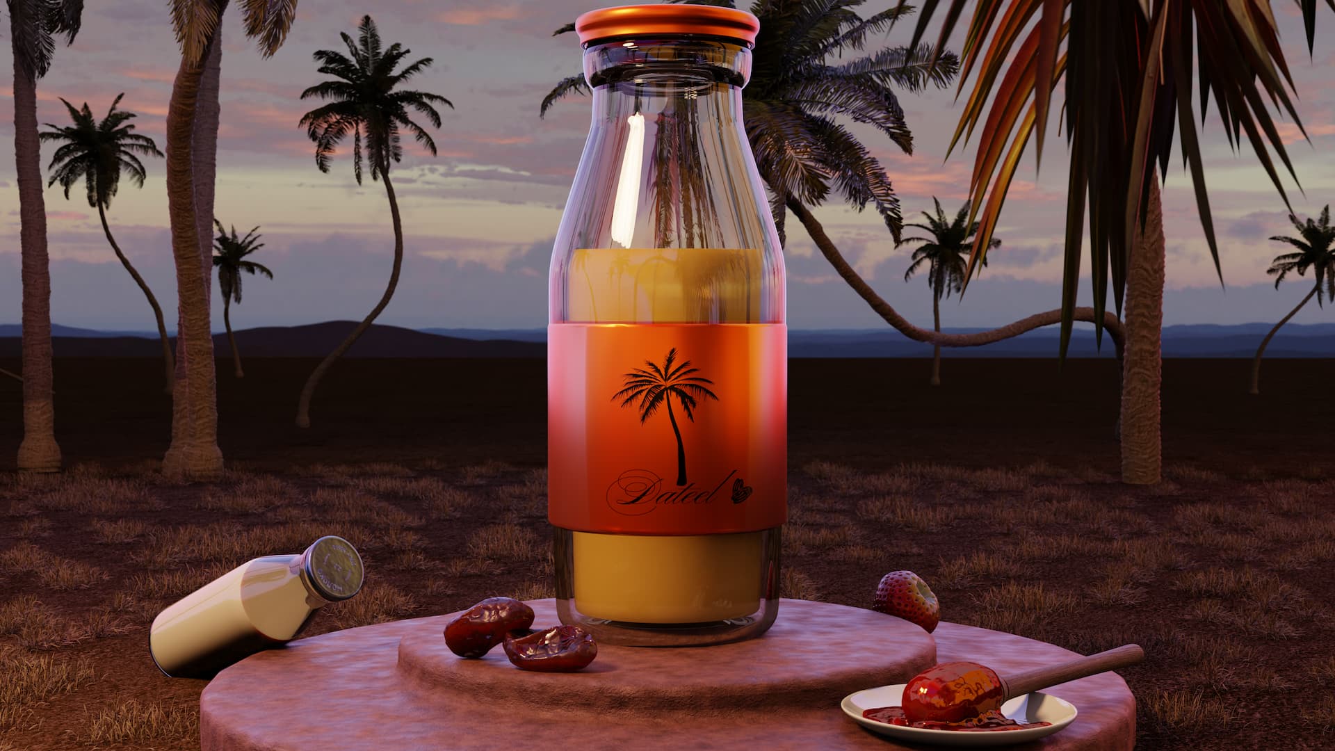 Dateel bottle surrounded by its ingredients