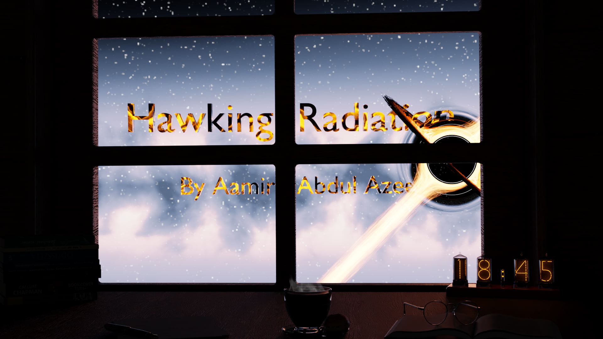 Hawking Radiation Intro Thumbnail, black hole next to Title &quot;Hawking Radiation&quot; with gravitational lensing