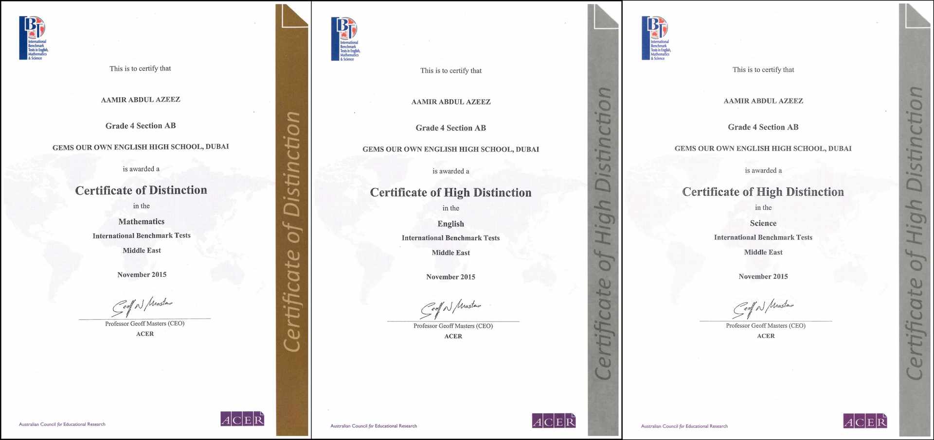 Certificates of High Distinction - International Benchmark Tests