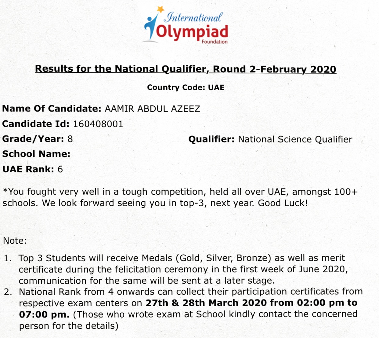 National Science Olympiad - Rank 6